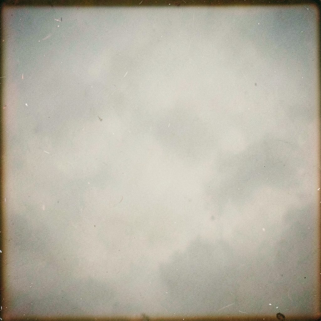 Atmospheric wide photograph of layered dusty slate-blue and sage-toned shapes against a deep navy backdrop, with visible analog film grain and soft, even light.