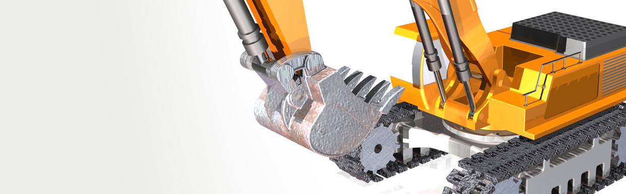 A wide 3D render of an orange excavator arm and bucket, photographed as an analog film still with visible grain, soft navy shadowing and a clean studio mood.